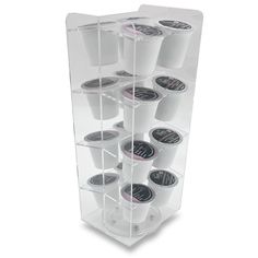 a clear display case with six cups in it and one cup on the bottom shelf