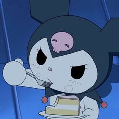 a cartoon character holding a piece of cake