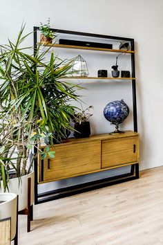 a wooden shelf with plants on top of it