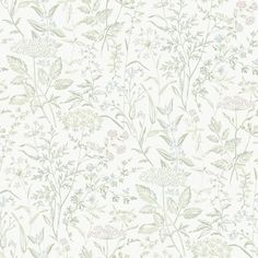 a white wallpaper with flowers and leaves on the bottom half, in shades of green