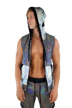 Mens Sleeveless hoodie rave vest with sequin hood from Love Khaos festival clothing website Simple Rave Outfits, Techno Rave Outfit, Fits For Guys, Hooded Tank Top, Holographic Black, Galaxy Outfit, Festival Outfits Men