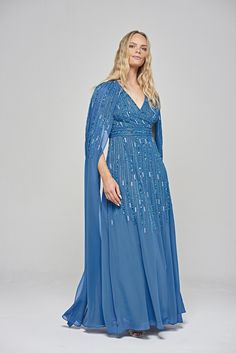 Ida Blue Embellished Maxi Dress with Cape Sleeves Chic Blue Dresses With Cape Sleeves, Luxury Blue Kaftan With Cape Sleeves, Fitted Blue Maxi Dress With Cape Sleeves, Elegant Blue Maxi Dress With Cape Sleeves, Blue V-neck Kaftan For Evening, Frock And Frill, Embellished Midi Dress, Dresses Date Night, Embellished Maxi Dress