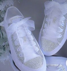 wedding essentials everything custom made to suit your wedding style Bedazzled Wedding Crocs Shoes, Dream Wedding Shoes Sparkle, Wedding Shoes Sneakers Stylish, Wedding Shoes Extra, Luxury Bedazzled Wedding Shoes, Cute Nike Shoes Wedding, Luxury Wedding Court Shoes, Wedding Dress Reception Sneakers, Wedding Converse Bride Chrome