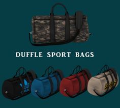 duffle sport bags with different colors and designs on them, all in various sizes