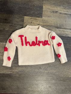 Yarn embroidered knit children's sweater Winter Sweater With Letter Embroidery, Embroidered Crew Neck Knit Sweater, Winter Sweater With Multicolor Embroidery And Long Sleeves, Winter Long Sleeve Sweater With Multicolor Embroidery, Cute Long Sleeve Embroidered Sweater, Multicolor Embroidered Long Sleeve Winter Sweater, Spring Long Sleeve Sweater With Embroidered Text, Pink Winter Sweater With Embroidered Logo, Cute Winter Sweater With Letter Embroidery