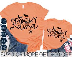 two shirts with the words spooky mama and spider on them