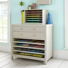 a white dresser with drawers and magazines on it in a blue room next to a window