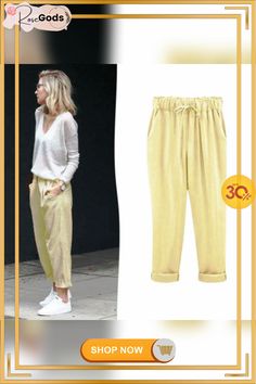 Women Casual Bottoms Solid Pants Trendy Summer Harem Pants With Pockets, Casual Stretch Summer Harem Pants, Casual Stretch Harem Pants For Summer, Casual Straight Harem Pants For Spring, Baggy Ankle-length Sweatpants For Summer, Baggy Trendy Harem Pants For Spring, Trendy Baggy Harem Pants For Spring, Yellow Baggy Summer Pants, Baggy Yellow Pants For Summer