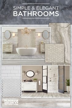 a bathroom is shown with white tile and gray marble walls, along with the words simple & elegant bathrooms