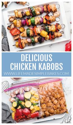 chicken kabobs on skewers with text overlay that reads delicious chicken kabobs