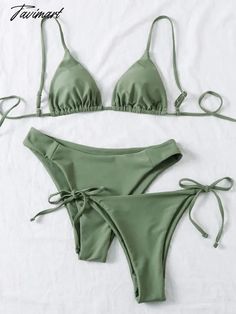 437260356-29 Solid Color String Swimwear For Beach, String Swimwear For Beach, Solid Color Triangle Top Swimwear With Drawstring, Solid String Swimwear For Vacation, Solid Color String Swimwear For Vacation, String Swimwear With Drawstring, Green Triangle Top Swimwear With Drawstring, Green String Swimwear For Summer, Pretty Swimsuits