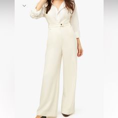 Weworewhat Deep V Jumpsuit, Ivory Color, I Got My Usual Size Which Is A 27 But Need A Size Up Elegant High-waisted Jumpsuits And Rompers For Spring, Elegant High-waisted Spring Jumpsuits And Rompers, Elegant High-waisted Jumpsuits For Spring, White V-neck Jumpsuits And Rompers For Formal Occasions, White Long Sleeve Pantsuit For Spring, Elegant Beige Wide Leg Jumpsuits And Rompers, Elegant White Long Sleeve Jumpsuit, White Long Sleeve Summer Pantsuit, White Long Sleeve Pantsuit For Summer