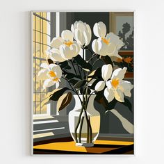 a vase filled with white flowers sitting on top of a yellow floor next to a window