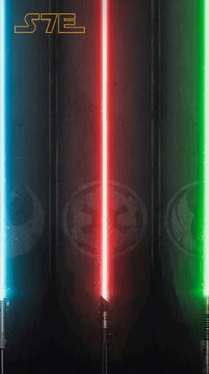 two lightsabes that are glowing in the dark side, and one is red