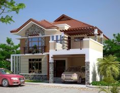 a car parked in front of a two story house