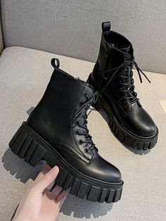 Black Fashionable    Plain Combat Boots    Women Shoes Dr Shoes, Cute Shoes Heels, Womens Combat Boots, Black Combat Boots, Nike Tennis, Girly Shoes, Sneakers Mode, Zipper Boots, Aesthetic Shoes