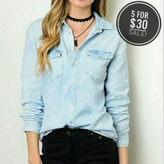 Light Denim Top With White Tie Dye 100% Cotton Trendy Denim Top With Button Closure In Medium Wash, Casual Denim Top With Snap Buttons, Spring Light Wash Denim Top With Button Closure, Spring Everyday Denim Top With Button Closure, Blue Denim Top For Everyday Spring Wear, Everyday Blue Denim Top For Spring, Spring Everyday Blue Denim Top, Trendy Button-up Denim Top, Trendy Denim Button-up Top