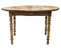 an old wooden table with two legs and a round top on it's end