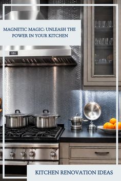 a kitchen with stainless steel appliances and glass cabinets, including the stove top ovens