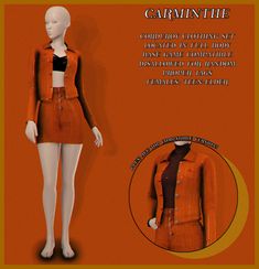 a mannequin wearing an orange jacket and skirt with buttons on the front, standing in front of an orange background