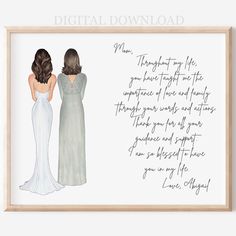 two women in white dresses are looking at each other with the words written on them