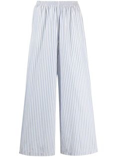 light blue/white vertical stripe pattern elasticated waistband wide leg slip-on style two side inset pockets straight hem