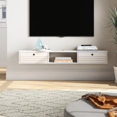 a flat screen tv mounted to the side of a white wall in a living room