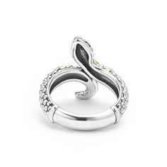 Sterling silver Caviar beading highlighted by 18K gold stations form this unique snake ring. Luxury Silver Snake Ring, Elegant White Gold Snake-shaped Rings, Elegant White Gold Snake Shaped Rings, Luxury Sterling Silver Snake Ring, Luxury White Gold Sterling Silver Snake Ring, Elegant Snake-shaped Rings For Anniversary, Elegant Snake Ring For Anniversary, Elegant Snake Shaped Ring For Anniversary, Elegant Snake-shaped Anniversary Rings