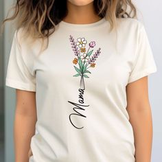 Wildflower Bouquet Mama Shirt, Floral Mama T-Shirt, Flower Shirts for Women, Retro Mama Flower, Mothers Day Gift, Flower New Mom Gift. 🚨 ATTENTION 🚨 📏 PLEASE REVIEW THE "SIZE CHART" IN THE IMAGES BEFORE ORDERING. 📏 🛒 HOW TO ORDER 🛒 *🖼️ Please review all the photos carefully. *👕 Choose your t-shirt size and color. *✍️ Add any personalization or notes to the seller, if available. *🛒 Click "Add to Cart". You can return to add more shirts if needed. *🛍️ Click "Proceed to Checkout". *🚚 Sel Mother's Day Floral Print Short Sleeve Top, Floral Print Short Sleeve Top For Mother's Day, Floral Print Short Sleeve Top, Mother's Day Floral Print Crew Neck T-shirt, Floral Print Flower-shaped Tops For Mother's Day, Crew Neck Floral Print T-shirt For Mother's Day, Floral Print Crew Neck T-shirt For Mother's Day, Mother's Day Floral Print Tops, Mother's Day Floral Print Cotton Shirt