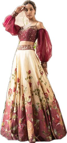 Elegant Floral Print Lehenga With Traditional Drape, Elegant Floral Print Choli For Diwali, Elegant Floral Print Choli For Festive Occasions, Elegant Festive Floral Print Choli, Elegant Semi-stitched Floral Print Choli, Elegant Floral Print Lehenga For Festive Occasions, Elegant Floral Print Festive Lehenga, Elegant Floral Print Lehenga For Designer Wear, Elegant Floral Print Lehenga For Reception