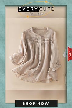 Women's Gentle Simple Cotton Shirt Casual Beige Top With Buttons, Beige Relaxed Fit Top With Buttons, Casual Beige Blouse With Buttons, Casual Tops For Daywear In Fall, Beige Long Sleeve Top For Daywear, Beige Relaxed Fit Button-up Top, Spring Button-up Top, Beige Tops With Buttons For Spring, Casual Solid Color Tops For Daywear