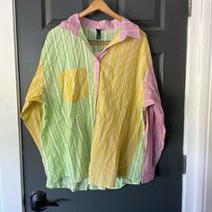 Colorful Blouse, New With Tags, Extra Large, Wild Fable Summer Multicolor Long Sleeve Shirt, Multicolor Long Sleeve Summer Shirt, Summer Long Sleeve Multicolor Shirt, Spring Vacation Patchwork Shirt, Spring Green Patchwork Blouse, Vacation Cotton Patchwork Shirt, Multicolor Patchwork Shirt For Vacation, Yellow Cotton V-neck Shirt, Cotton Patchwork Shirt For Vacation