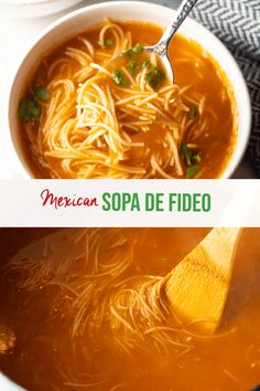 mexican spa de fiedo soup in a white bowl with a wooden spoon on the side