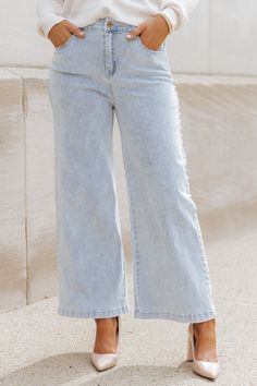 Light Wash Pearl Detail Cropped Jeans - Magnolia Boutique Casual Mid-rise Wide Leg Pants With Frayed Hem, Medium Wash Cotton Wide Leg Pants With Five Pockets, Cotton Medium Wash Wide Leg Pants With Five Pockets, Wide Leg Washed Cropped Jeans For Spring, Non-stretch Wide-leg Denim Blue Jeans, Casual High Rise Wide Leg Pants With Frayed Hem, Trendy Washed Wide-leg Jeans, Trendy Wide-leg Cropped Jeans In Denim Blue, Trendy Wide-leg Denim Blue Bottoms