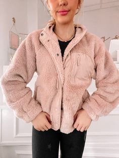 Felice Blush Pink Jacket | Sassy Shortcake | sassyshortcake.com Pink Fuzzy Jacket, Sassy Shortcake, Women Ties, Pink Jacket, Light Jacket, Sweater Weather, Red Plaid, Snap Button, Blush Pink