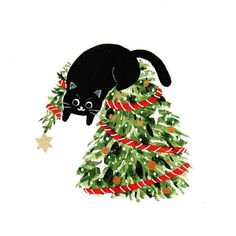 a black cat sitting on top of a christmas tree