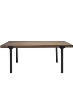 a wooden table with black legs on a white background