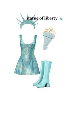 the statue of liberty outfit is shown with boots and umbrellas on it's head