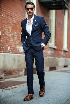 Wearing - Ted Baker suit Is it possible to own too many navy suits? The answer to that question... Blue Suit Brown Shoes, Amalfi Style, Casual Wedding Outfit, Nice Suits, Reception Outfit, Herren Style