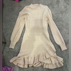 Nwot Great Condition Beige Mini Length Dress For Fall, Chic Cream Sweater Dress For Spring, Chic Neutral Mini Dress For Fall, Feminine Beige Winter Dress, Elegant Long Sleeve Neutral Mini Dress, Fitted Beige Mini Dress With Ruffle Hem, Fitted Beige Dress With Ruffle Hem, Beige Sweater Dress For Spring, Feminine Beige Dress For Fall