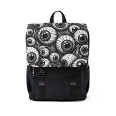 Small Creepy Eyeball Halloween Backpack Perfect for Adding a Festive Touch to your Holiday Season. This unisex casual shoulder backpack is made of premium lightweight tear-resistant Oxford fabric, featuring a padded back for extra comfort and breathability. It has multiple compartments for easy organization. Suitable for those who love unique and festive accessories, perfect for the holiday season. (10.83 x 4.92 x 13.58) inches (This design was created using AI) Product features - 100% Oxford Ca Black Standard Backpack For Halloween, Gothic Standard Backpack For Travel, Gothic Style Standard Backpack For Travel, Black Halloween Standard Backpack, Black Backpack For Halloween, Black Backpack For Halloween Travel, Novelty Black Backpack For Everyday Use, Black Halloween Backpack, Black Novelty Backpack For Halloween