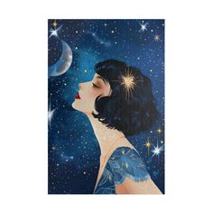 a painting of a woman looking up at the stars