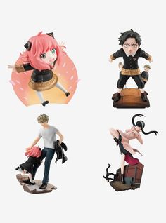 four figurines of anime characters with different poses