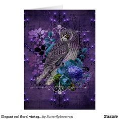 an owl sitting on top of a purple flower