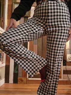 "2  no label never worn gingham flared pants Waist 32\" Hips 42\" Length 46\" Inseam 37.5\" Length 47\" They will need to be hemmed to desired length. They are very long now These are a thin polyester material" Granola Chic, Gingham Pants Outfit, 1970 Outfits, 1960s Pants, Clothes Encounters, Gingham Pants, Fashion Gal, Midsize Fashion, Polyester Pants