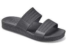 Reef Water Vista Slide - Women's Shoes : Black : Enjoy sunset beach walks wearing the waterproof Reef Water Vista Slide slip-on style sandal. Synthetic upper construction. TPU lining. Soft, bouncy, and dual-density lightweight compression molded EVA footbed. Slip-on style. Classic two-strap slide. Round toe silhouette. Rubber and plastic outsole. Imported. Reef Water Vista, Beach Walks, Slides Women, Black Shoes Women, Sunset Beach, Beach Walk, Pool Slides, Mens Sandals, Beach Sunset