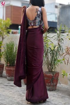 Wine Satin Saree, Saree Blouse Styles, Sarees For Girls, Indian Sari Dress, Saree Blouse Neck Designs, Sari Blouse Designs