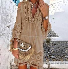 Make your friends admire you in this beautifully designed dress. Enjoy Summer in style. You will look gorgeous wearing this V Neck Summer Tassel Boho Short Dress. There has never been such a nice outfit to feel unique today! Lace Dress Boho, Fringe Mini Dress, Beach Mini Dress, Sweet Lady, Womens Shift Dresses, Shift Dresses, Khaki Dress, Summer Party Dress, Mini Dress Casual