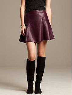 Burgundy Leather Fit-and-Flare Skirt <3 Fitted A-line Mini Skirt For Night Out, Chic A-line Mini Skirt For Night Out, Chic Flared Skirt For Date Night, Fitted Flared Leather Skirt, Sleek Leather Mini Skirt For Fall, Modern Mini Skirt For Fall Night Out, Modern Mini Skirt For Night Out In Fall, Sleek Fitted Mini Skirt For Fall, Chic Formal Full Mini Skirt