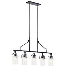 Kichler - 52379BK - Five Light Linear Chandelier - Everett - Black Black Industrial Chandelier, Industrial Glam, Rustic Sconces, Vintage Industrial Style, Industrial Chandelier, Kichler Lighting, 5 Light Chandelier, Black Bar, Rustic Chandelier